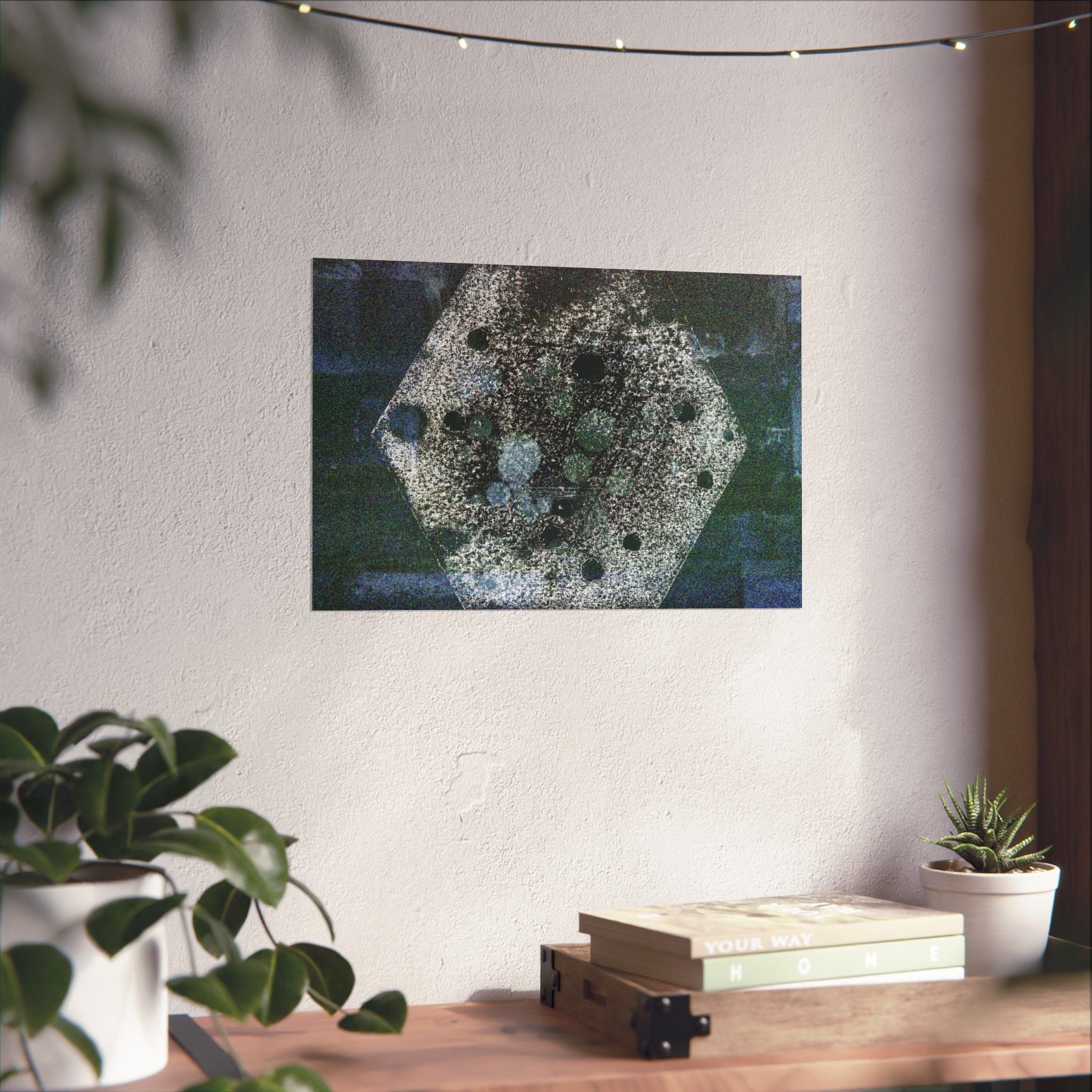 Abstracte zeshoekige collage, matte poster — Stemmige blauwe geometrische muurdecoratie