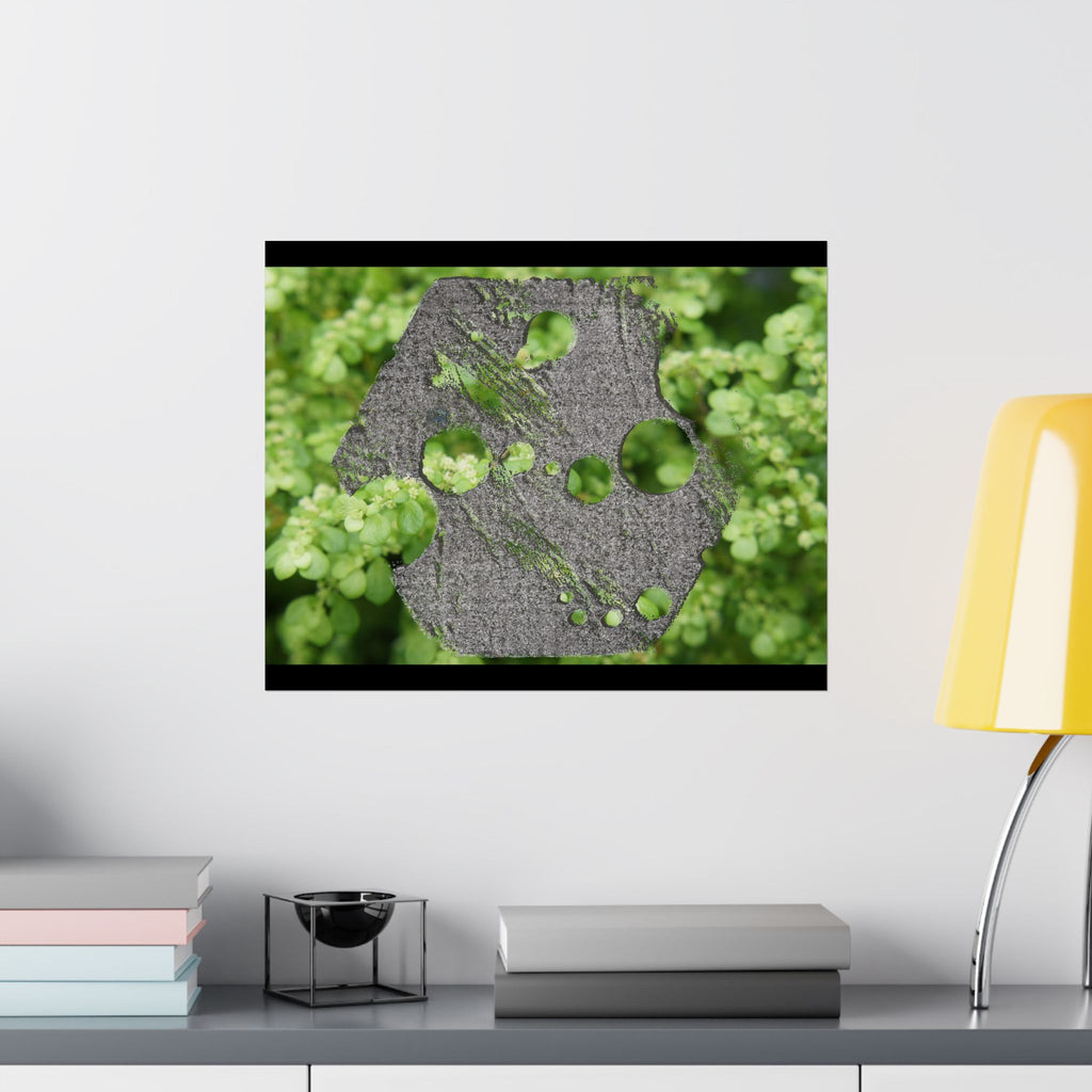 Abstracte poster met groen mos en verweerd metaal (mat) — Botanische natuur muurdecoratie (horizontaal) 