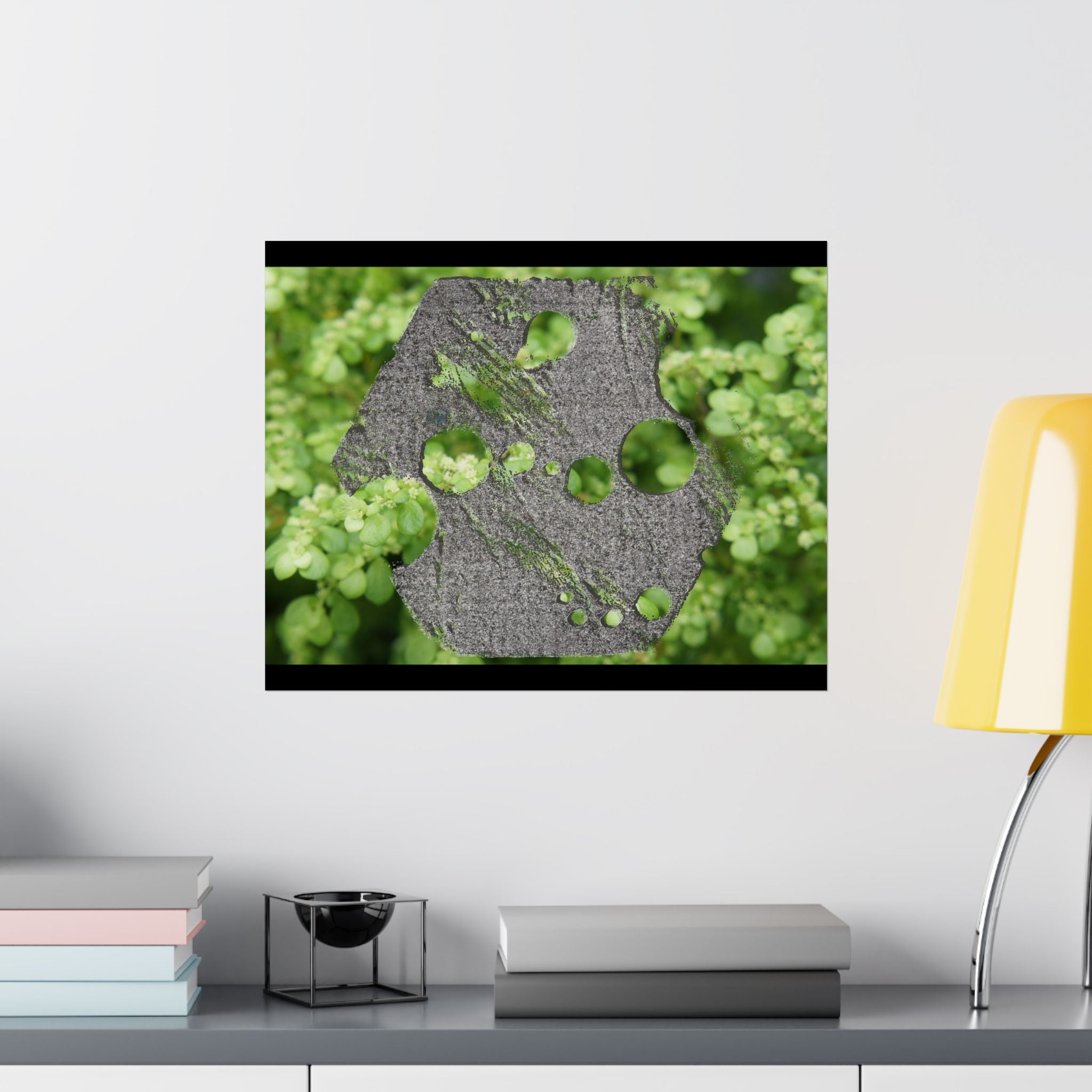 Abstracte poster met groen mos en verweerd metaal (mat) — Botanische natuur muurdecoratie (horizontaal) 