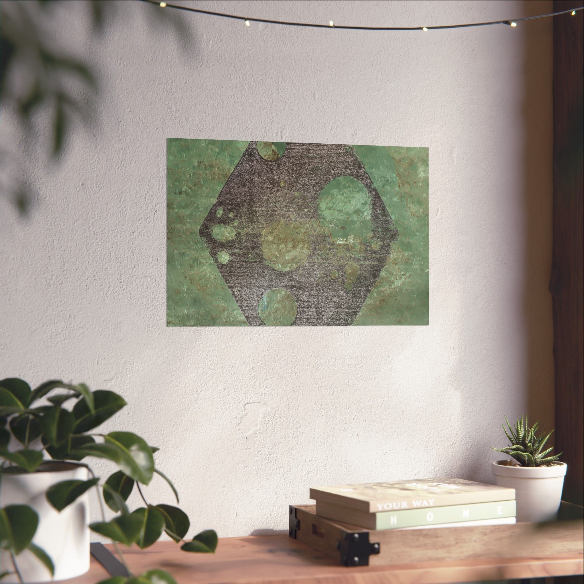 Geometrische zeshoekige maan kunst matte horizontale poster | Groene abstracte hemelprint 