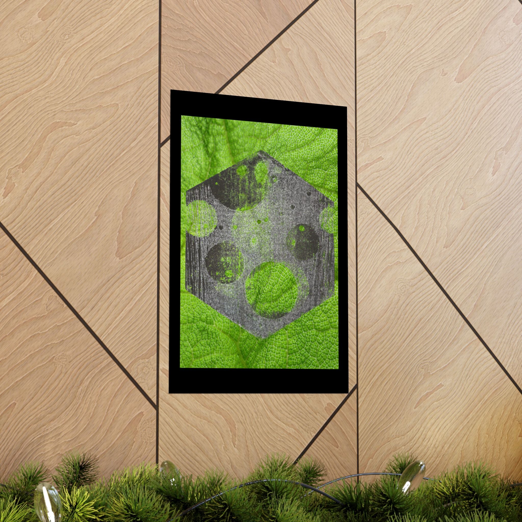 Geometric Moon Hex Poster — Grunge Green Matte Vertical Art Print
