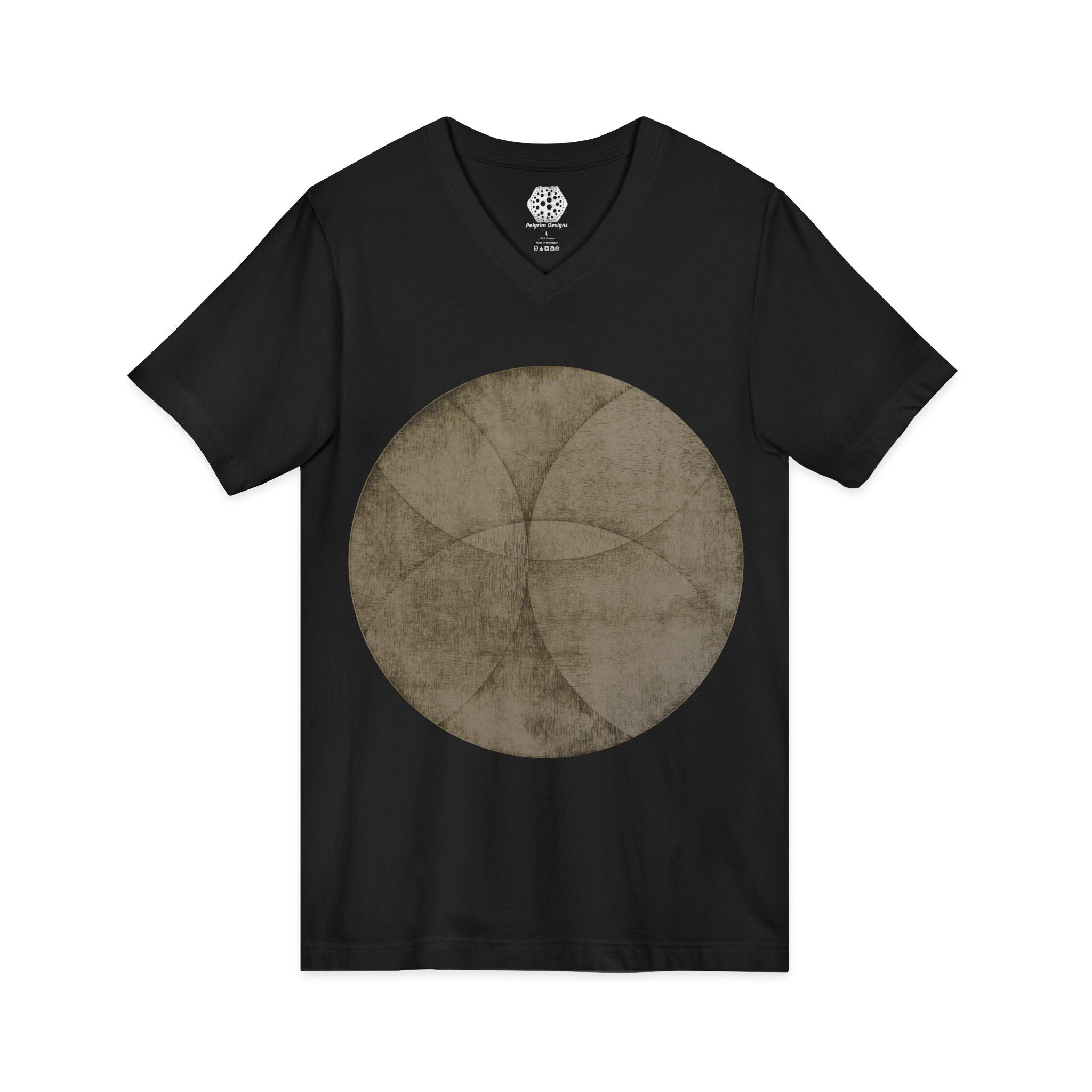 Vintage Geometric Circle V‑Neck Tee — Worn Texture Sacred Geometry Shirt