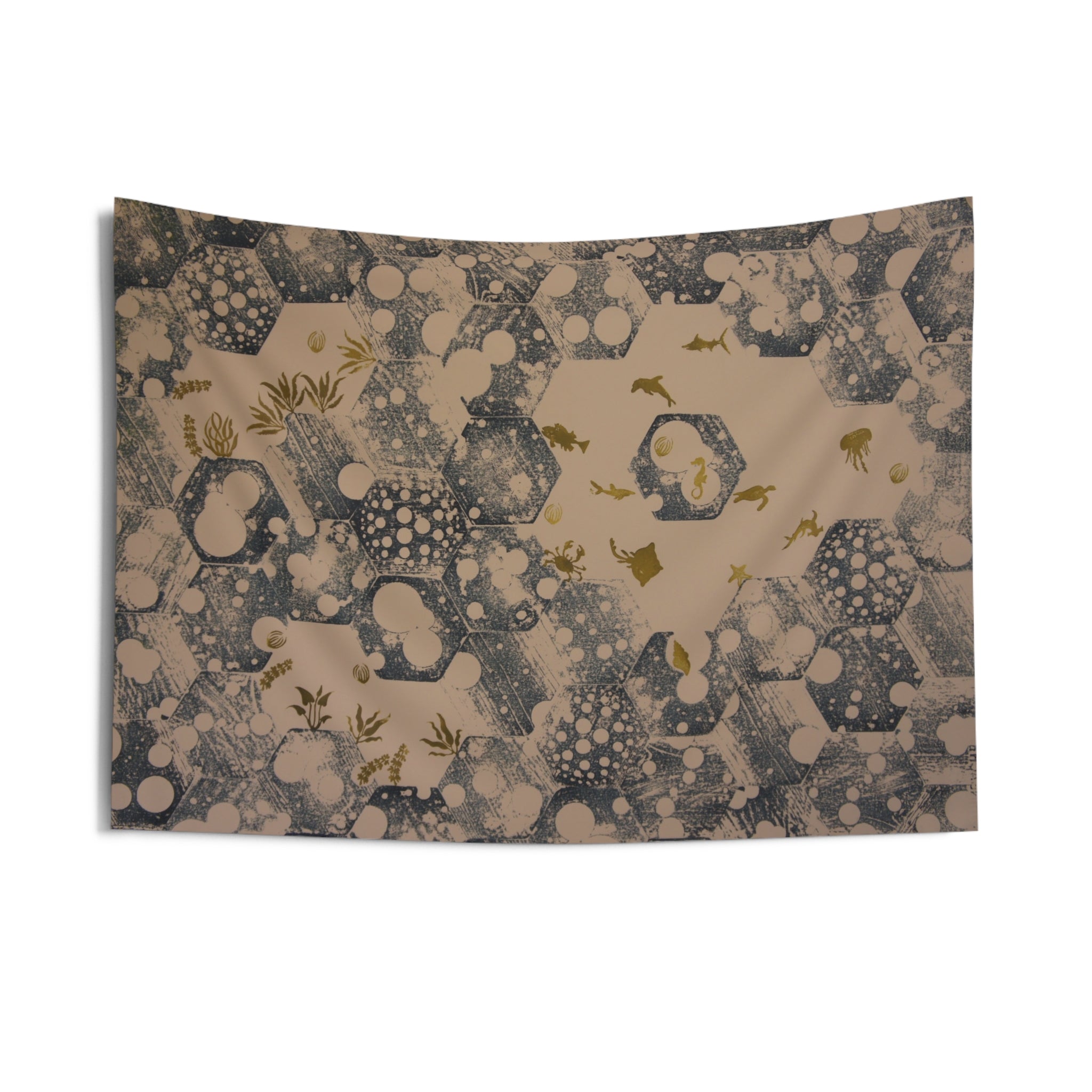 Abstract Hexagon Pattern Wall Tapestry — Blue Bubble Geometric Indoor Decor