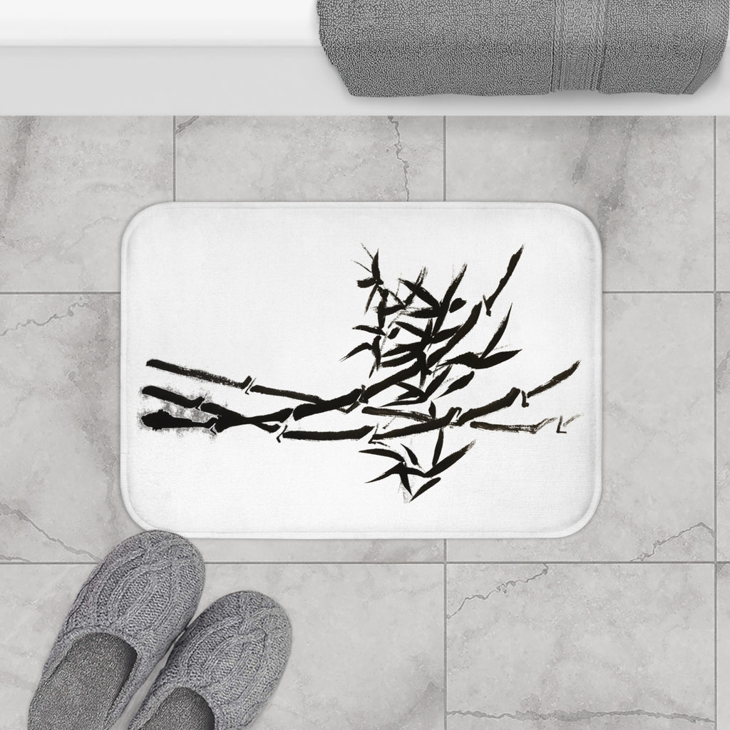 Zen Bamboo Bath Mat — Minimal Black Ink Sumi-e Design