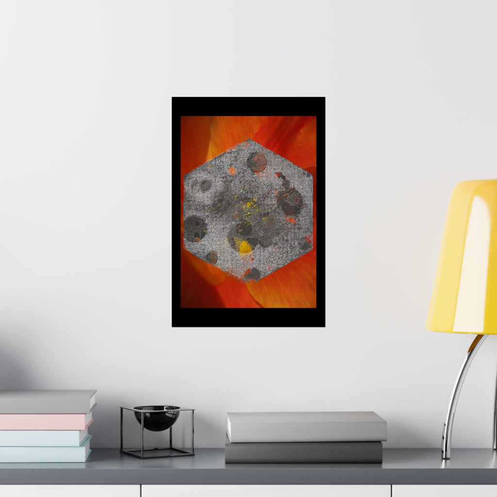 Abstract Hex Moon Poster — Orange Red Floral Background Matte Vertical Art Print
