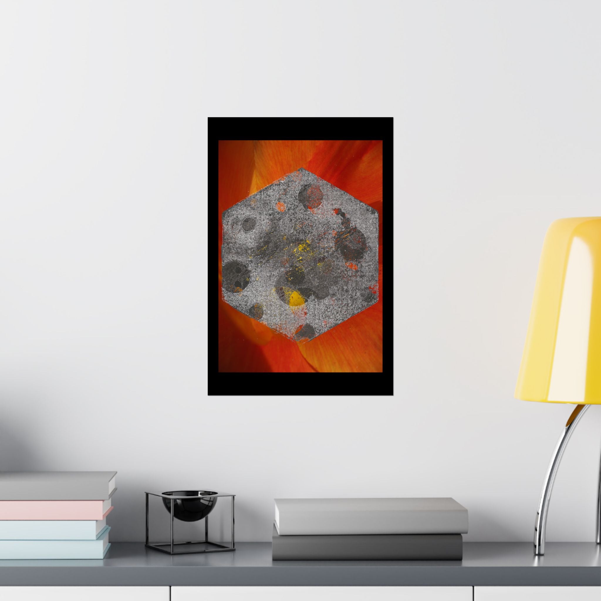 Abstract Hex Moon Poster — Orange Red Floral Background Matte Vertical Art Print