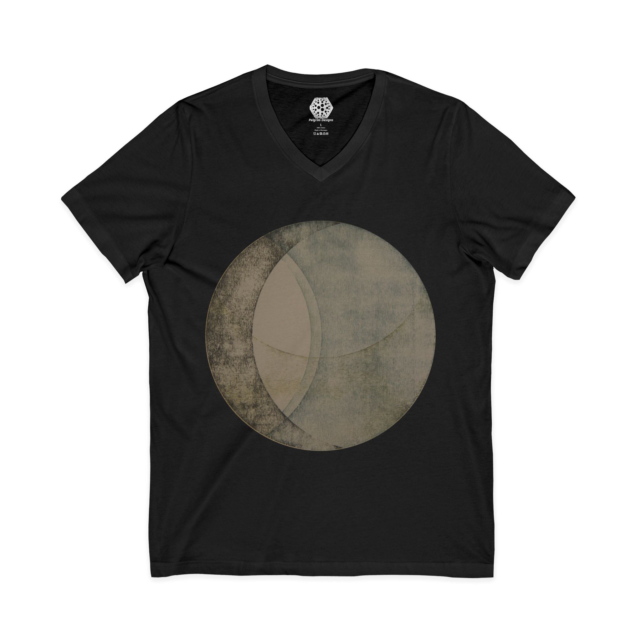 Minimalist Moon Phase V-Neck Tee — Neutral Geometric Eclipse Design