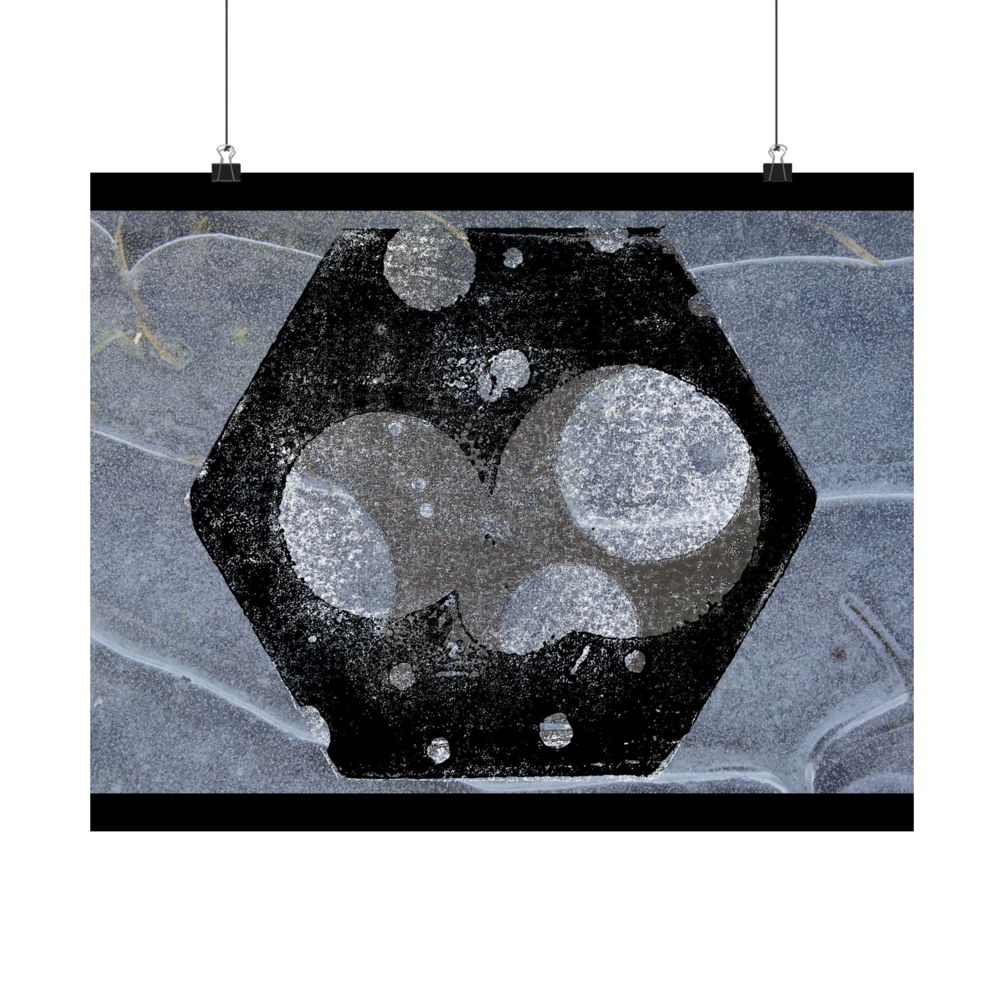 Abstract Hexagon Planet Matte Poster — Industrial Black & Gray Wall Art