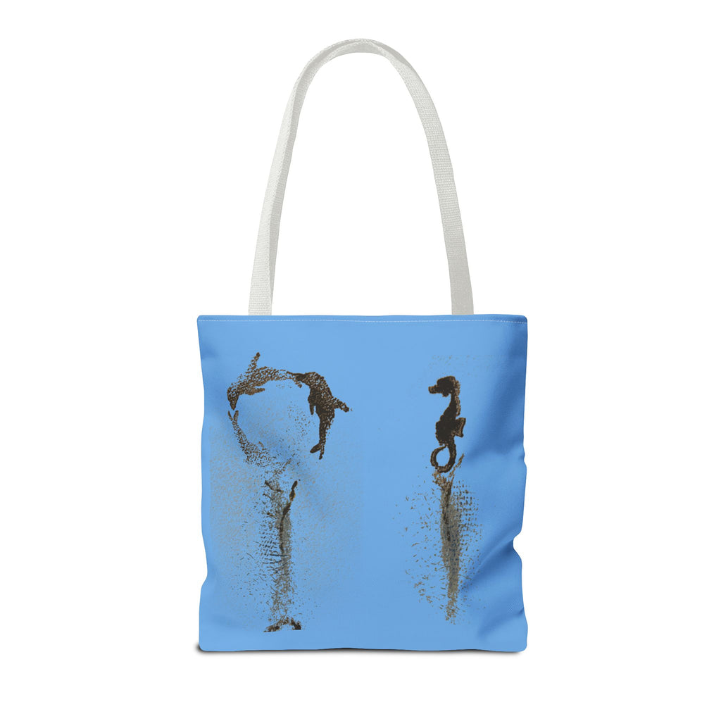 Blue Sea Life Tote Bag — Sand Art Seahorse & Coral All-Over Print