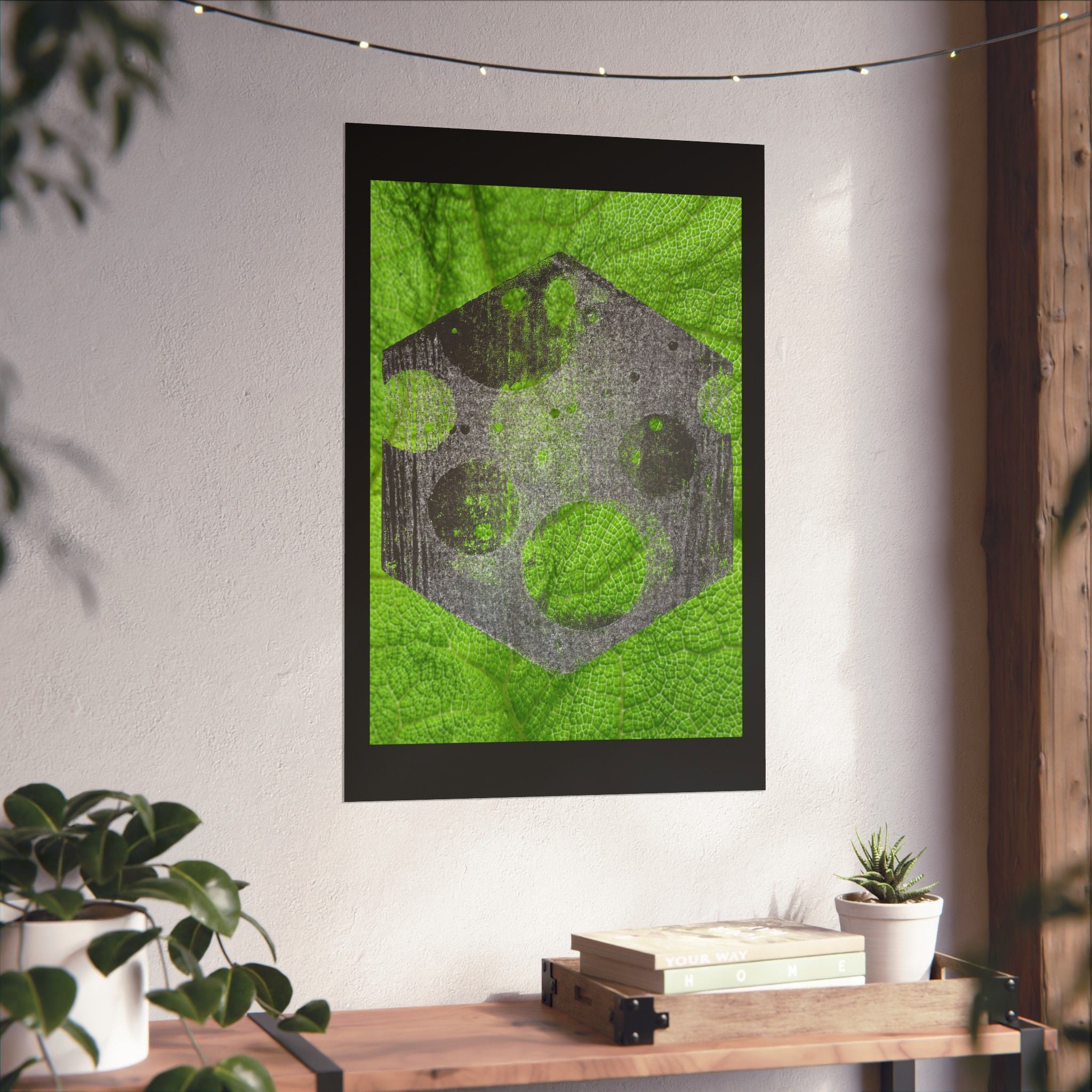 Geometric Moon Hex Poster — Grunge Green Matte Vertical Art Print