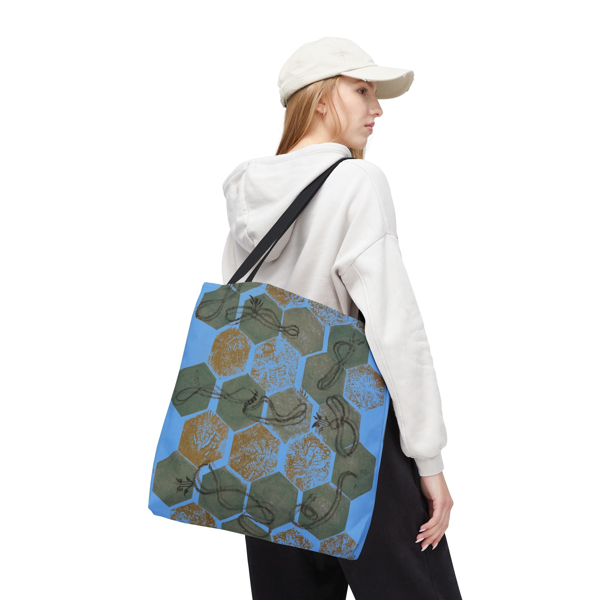 Hexagon Honeycomb Tote Bag — Blue Botanical Pattern AOP
