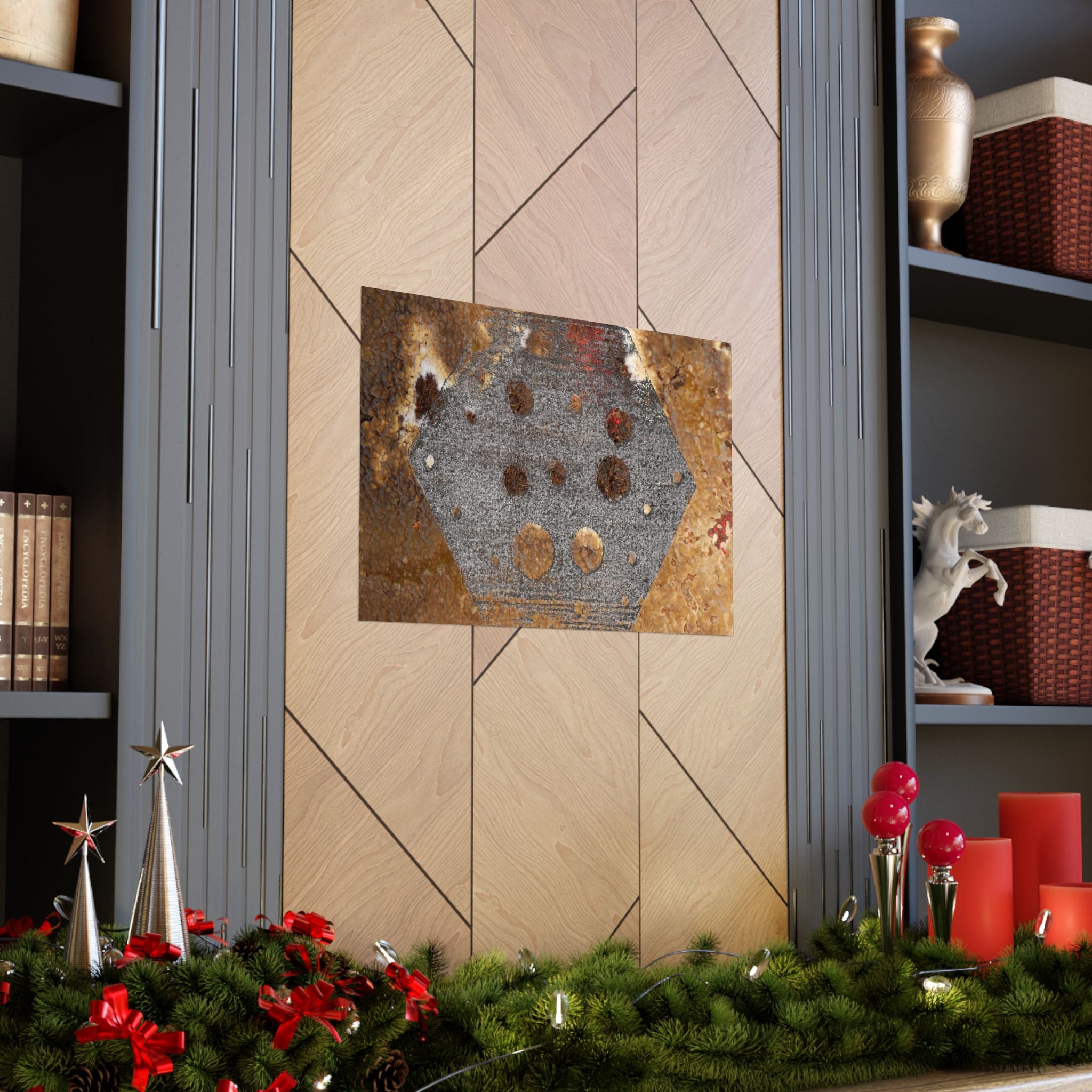 Abstracte roestkleurige zeshoekige matte horizontale poster — Industriële wanddecoratie voor thuis, kantoor en loft. 